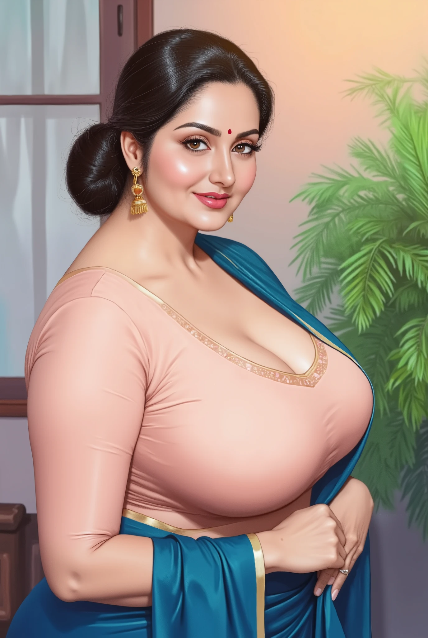 ((Centered composition, perfect framing, no cropping)), a high-quality painting by renowned artist Manimala, a traditionally styled Indian woman Ava Addams with a full, curvy body type, She wears a red bindi, delicate gold earrings, and a traditional low bun hairstyle with dark, glossy hair parted slightly off-center. The bun is neatly coiled at the nape of the neck, giving an elegant and composed appearance. A few soft, loose strands fall naturally around her temples and cheeks, gently framing her face. The hair has a healthy sheen, appearing well-groomed yet effortlessly graceful, adding a romantic, slightly tousled charm to her traditional look, wearing a light pinkish kurti and a blue dupatta draped over her shoulders, looking atviewer, modestly holding the dupatta with both hands. She is 45 years old. She has a soft, expressive face with delicate features and a melancholic, slightly emotional expression. The background is softly lit with pastel tones and a subtle window scene, painted in a dreamy, romantic art style. Hyper-realistic illustration with gentle shadows and smooth blending, warm soft lighting, cleavage, verdant foliage, vibrant colors, soft lighting, masterpiece, 4K, high resolution, ultra-detailed, vivid colors, professional