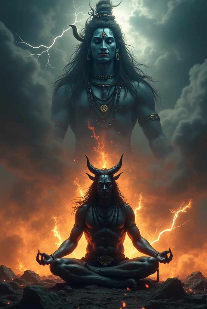 Angry and powerful warrior,Redness of the skin muscles all over the body,The body has three heads: Left side of the face,Frontal center,Right face,His eyes widened in anger,Canine teeth exposed,Brunette hair stands on end,It has a green horse's head on top of its head,There are two hands crossed on the chest,The three hands on the left hold the magic weapon,The three hands on the right hold the magic weapon,perfect hand,perfect foot,sitting on a lotus flower,There is a huge aura fireball behind the background of the body,Head background with halo,The picture is full of flames,Front lighting,Blue sky,tmasterpiece,Realiy,professional photoshooting,