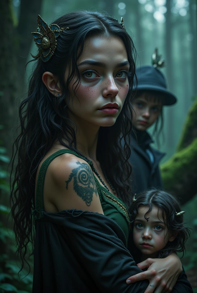 There is a girl, who is very tall, whose face is very beautiful, and she also has curly hair,
There is a deep glow in her eyes and she looks at her as if she is a beautiful person. There is a beautiful lake behind her and two tots are also sitting on her shoulders.