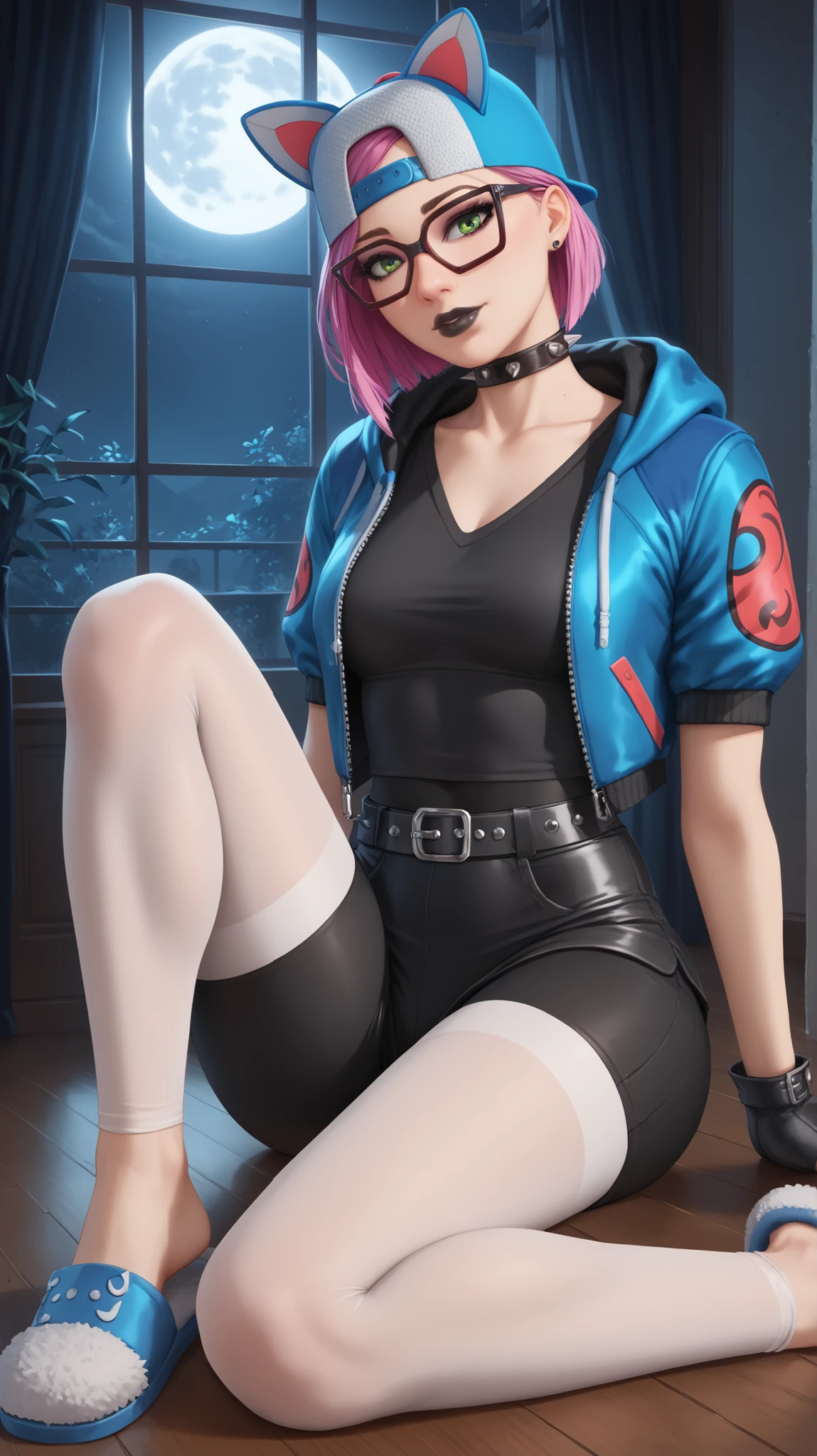 (Masterpiece, Best Quality, High Quality), facing viewer,volumetric lighting, illustration, beautiful, tight , Blushing, looking at viewer, blue leather bra top, blue leather small jacket, blue leather shorts,solo, posing for picture, seductive, perfect lighting, perfect shadows, nishikino maki, purple eyes,red hair, arms up , belt, wet and moist skin