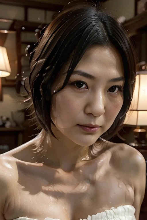 highest quality, RAW Photos, Realistic, face, Incredibly beautiful girl, cute, length Hair,ponytail，Glasses，Written boundary depth, High resolution, Super detailed, detailed, Very detaileded, extremely detaileded eye and face, Sharp pupils, Realistic students, Sharp focus, Cinema Lighting, Japanese, Short Woman,  Physical build, Short arms, length, Narrow eyes, Fleeting atmosphere, 48 years old, Brown bob hair, ((thin lips)), White top and bottom underwear, masterpiece, highest quality, Detailed skin, Detailed face, fine grain, 8k, Excellent anatomy, Upper body portrait，flat breasts, small breasts, small,( small bust: 1.2), small bust, (slim, small, flat, small), thin, Delicate and sexy collarbone, One Girl, (Beautiful mature woman, Delicate girl:1.3), (48 years old:1.3),
