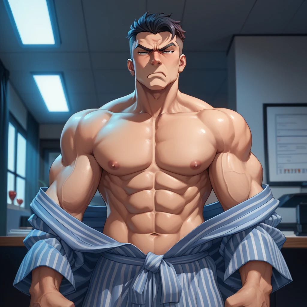 45 yers old，Kogoro Mouri，Shirtless，Tong，Bulge，onbed，red legwear，musculature，lbeard，fortitude，artwork of a，tmasterpiece，k hd，an look of enjoyment，Be red in the face，transparent panty，sexyposture