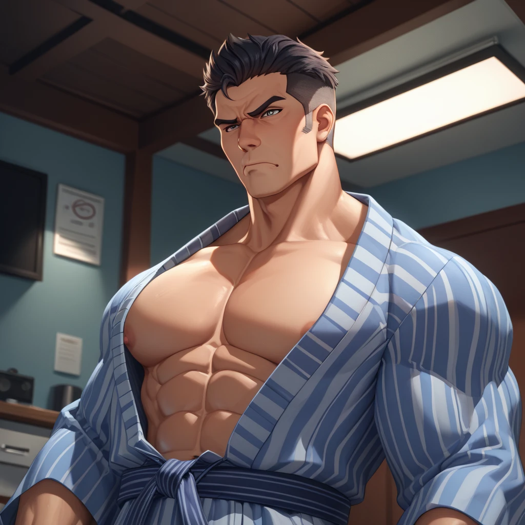 (masterpiece, best quality), young man,Shyness blush,musculous, short blue purple and pink-orange hair, Dark gray eyes, complex, (dress room), full bodyesbian, White baseball uniform, Open light purple jacket, Pectoralis abdominal muscles,vivd colour,(depth of fields:1.2),(abs),Be red in the face,l huge bulge ooking at viewert,A piano,spread their legs,giant, fills the room , extremely tall, extremely muscular, extremely huge bulge , hyper muscular, superhuman,