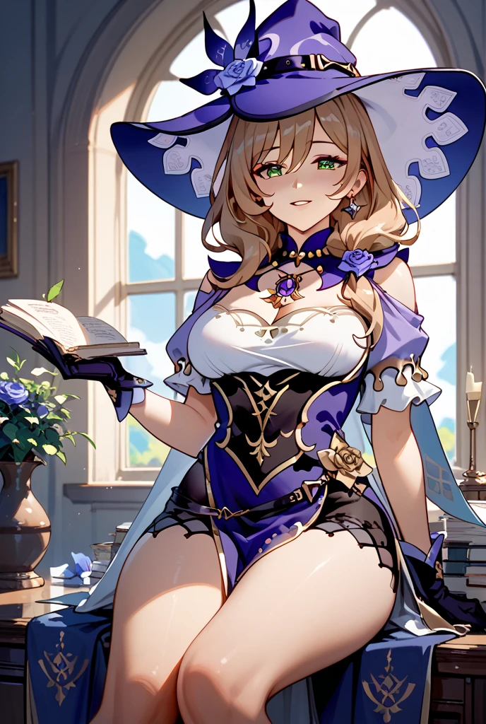 best quality, masterpiece, highres, solo, {lisa_genshin:1.15}, long_hair, green_eyes, bangs, brown_hair, flower, breasts, smile, hat, rose, cleavage, large_breasts, purple_flower, witch_hat, hair_between_eyes, purple_headwear, hair_ornament, jewelry, hair_flower, purple_rose, hat_flower, blush, 1girl, looking_at_viewer, braid, necklace, long_sleeves, beret, holding, book, dress, holding_book, alternate_costume, parted_lips