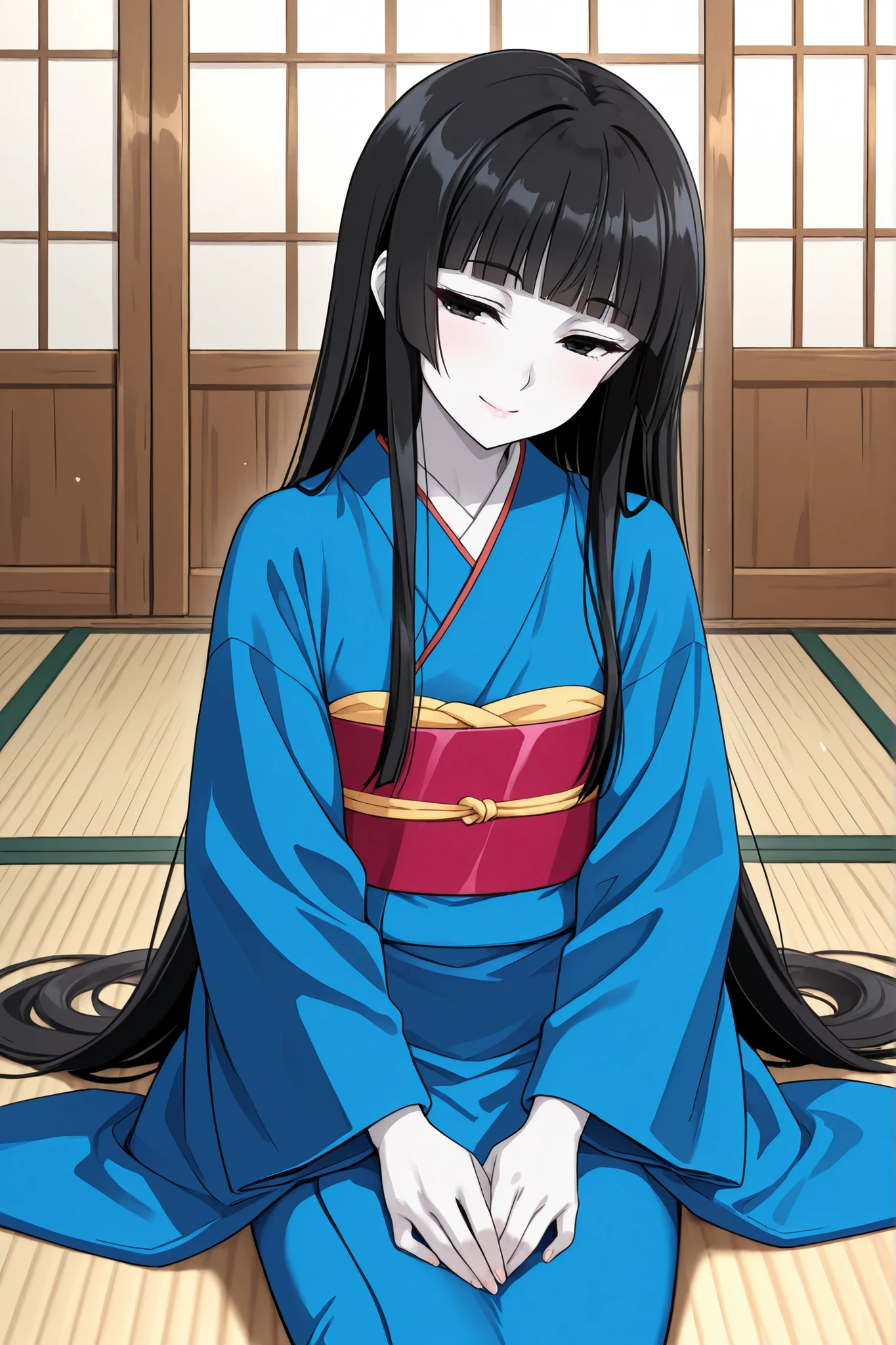 1 girl, beautiful girl,adult,18 years old,black eyes,narrow eyes,black hair, very long hair,blunt bangs,skinny,masterpiece,general,highres, ultra-detailed,very aesthetic,best quality ,best hands,best eyes,perfect anatomy,anime coloring,easynegative,kimono,anime style,white skin,washitsu,sitting on tatami,whole body,smile
