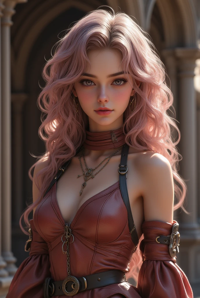 insane (Realisttic:1.2), analog photoreal style, Beautiful young woman, posing, with freckles and long pink hair braided, (steampunk dark fantasy atmosphere), soft natural light, cute and sexy, great quality, Masterpiece, detailed strange background, better performance, 16k quality, RAW photoreal