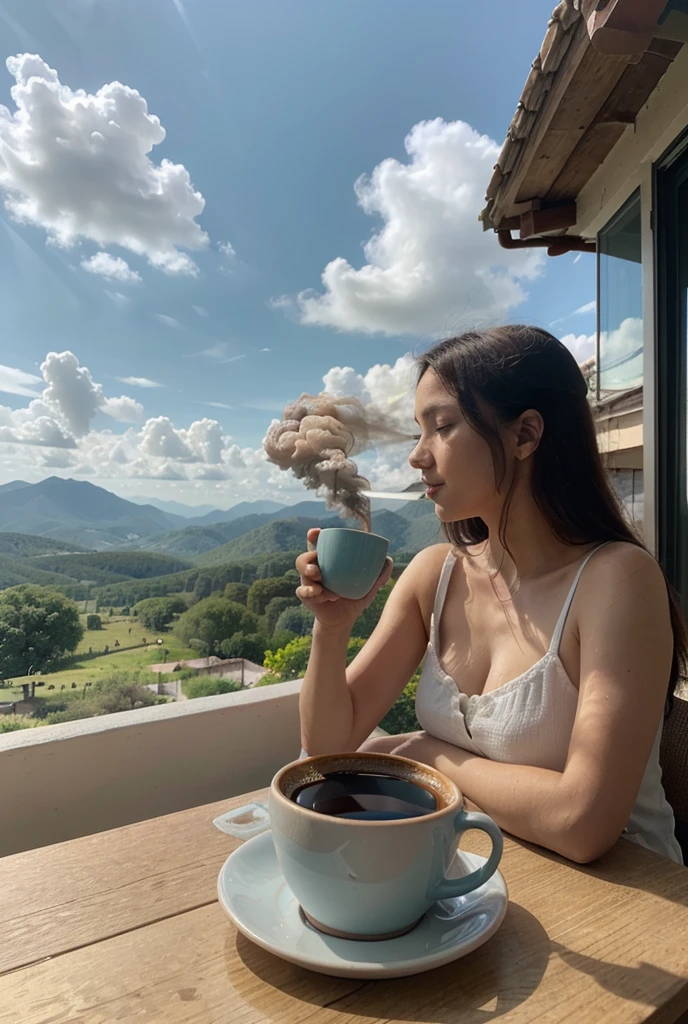16 yo girl, both hands hold a cup of coffee, enjoying sunrise, in wild nature, photorealisic