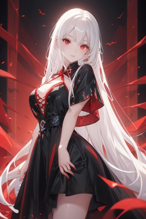 ((masterpiece,best quality)),1girl,beautiful detailed eyes, detailed face, (full body:1.2), white long hair, red eyes,small sized breasts, (black background:1.2), bloody particles, shaded face