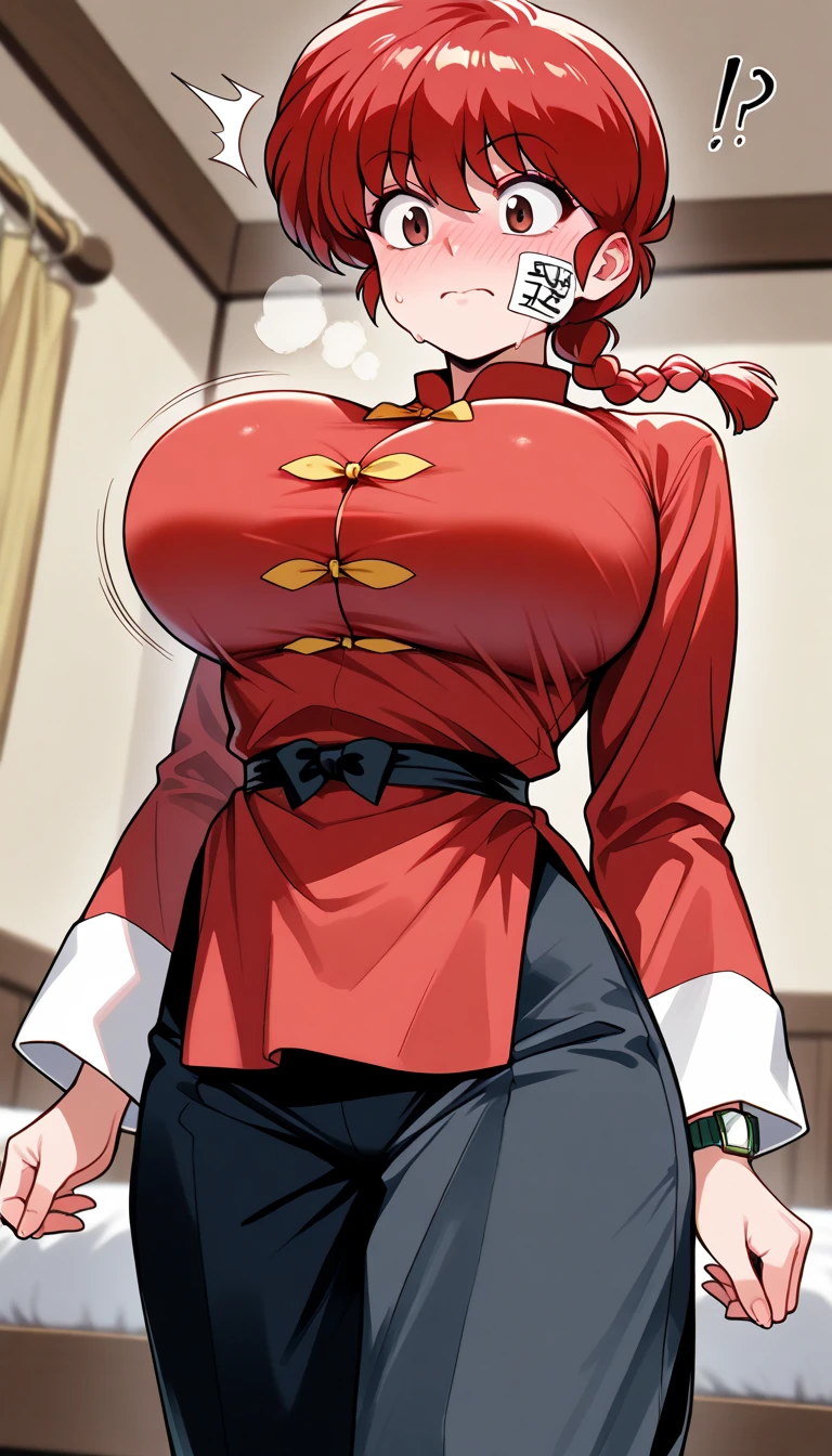 score_9, score_8_up, score_7_up, source_anime, solo, 1girl, dragon ball, bulma, smug, sinister smug expression, evil, looking at viewer, arms behind back, short hair, hair over one eye, blue eyes, red gown, short sleeves, latex suit, humongous breasts, large breasts, massive breasts, boob window, bare breasts, naked breasts, Chinese dress, wearing Chinese dress, exposed thighs 