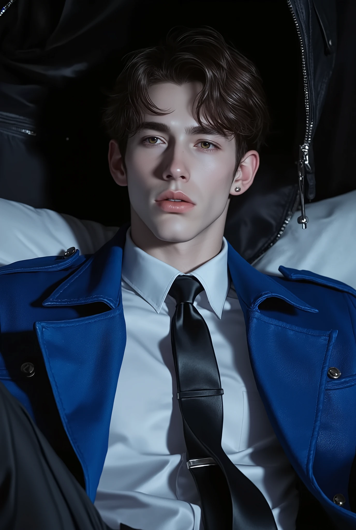 First person point of view, A handsome young man with short brunette hair, hazel eyes, On the bed, Sit-up position, wearing: The upper part of the outfit consists of a sharp mix of rugged and refined elements: a DeepSkyBlue suede wrinkled zip-up jacket layered over a classic white dress shirt slightly open and a loose black tie. The contrast between the rugged texture of the jacket and the formality of the shirt-and-tie combo gives it a bold, fashion-forward edge with a touch of street-smart sophistication (masterpiece:1.2), (best quality:1.2), (very aesthetic:1.2), (absurdres:1.2), (detailed clothes:1.2), (detailed eyes:1.2), (EyesHD:1.2), newest, intricate details, dark lighting, dramatic atmosphere, slightly high angle, chiseled chest.