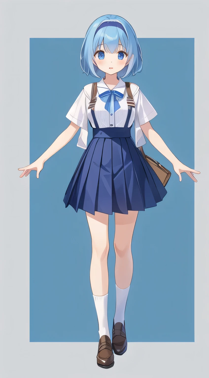 【style】 anime illustration、【appearance】 1 girl、 quick、standing、has a young face、Blue Hair Girl、short hair、hair band、(open collar:1.2)、No bag、【costume】 uniform、suspender skirt、(wrinkles showing slightly on the left shoulder:1.2)、(box skirt:1.2)、ankle、White Blouse、Short sleeve、【image effect】 background white、from front、full body