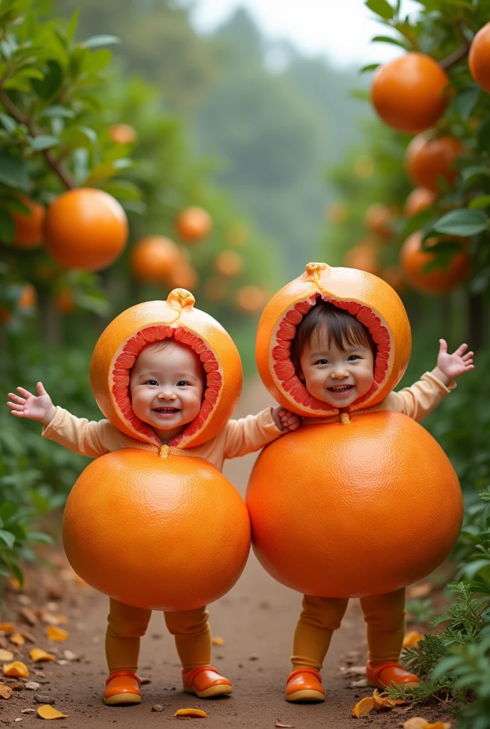 Three real Asian children dressed as strawberries