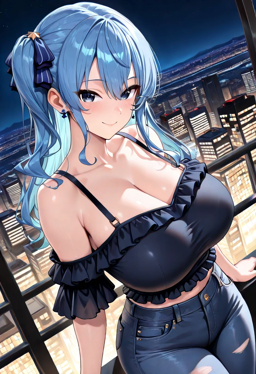 (Masterpiece, BestQuality:1.3), (ultra detailed:1.2), (hyperrealistic:1.3), (RAW photo:1.2), High detail RAW color photo, professional photograph, (Photorealistic:1.4), (realistic:1.4), professional lighting, perfect anatomy, (Big Breasts:1.2), (blush, detailed face), (cheerful Smile:1.5), (Blue Hair:1.5), Trending Hair&Trending Hairカラーをランダムに, earrings, necklace, bracelet, sexly, erotic sexly, Random sexy gravure poses, (A beautiful woman wearing a blue see-through dress、Smiling sexily on the balcony with the night view in the background。With long hair、Exposing one shoulder、A sexy pose with her hand pulling down her dress and winking provocatively.。: 1.3)