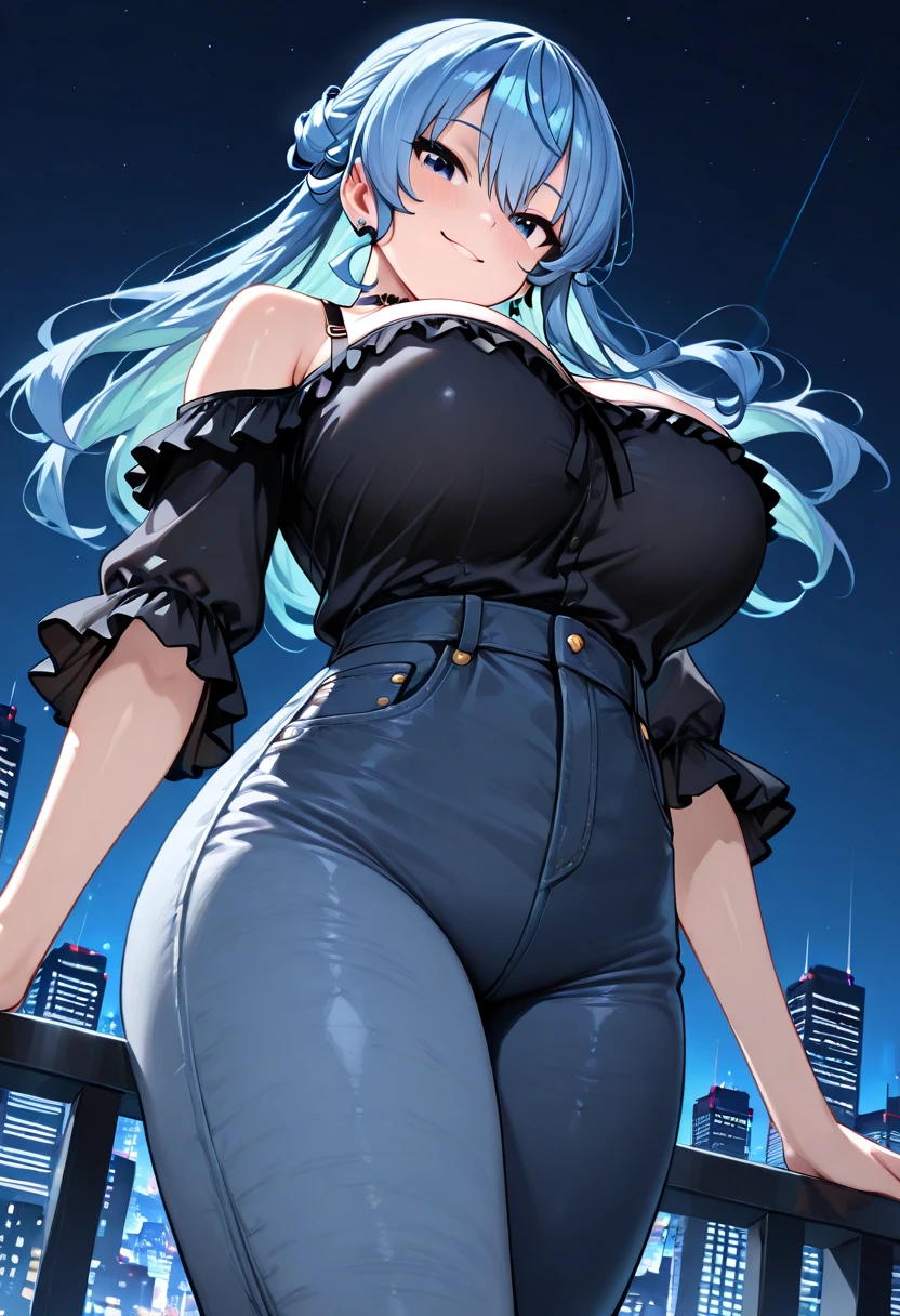 she has big breasts、She is wearing sexy clothes with one eye hidden by her hair.。.