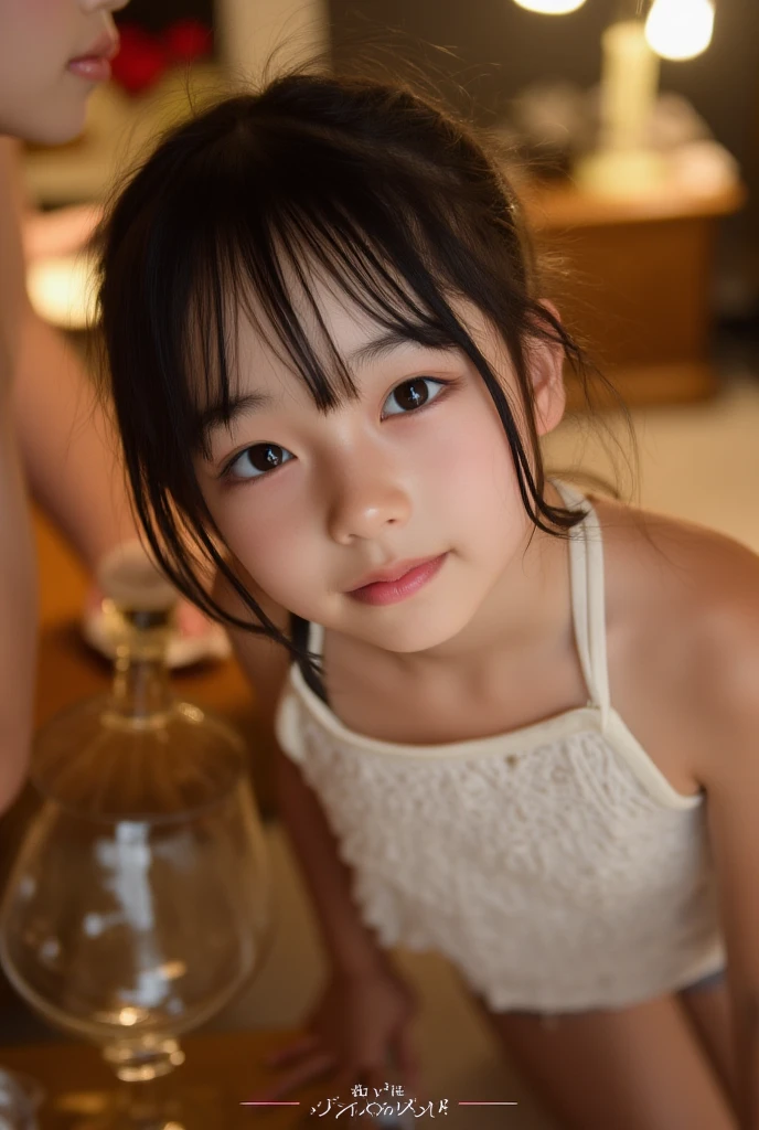 8k,Japanese,6 years old,innocent face,teenage girl,cute,summer clothes,everyday wear,sitting,black hair,sandy beach,coastline,hair clip,night view,starry sky