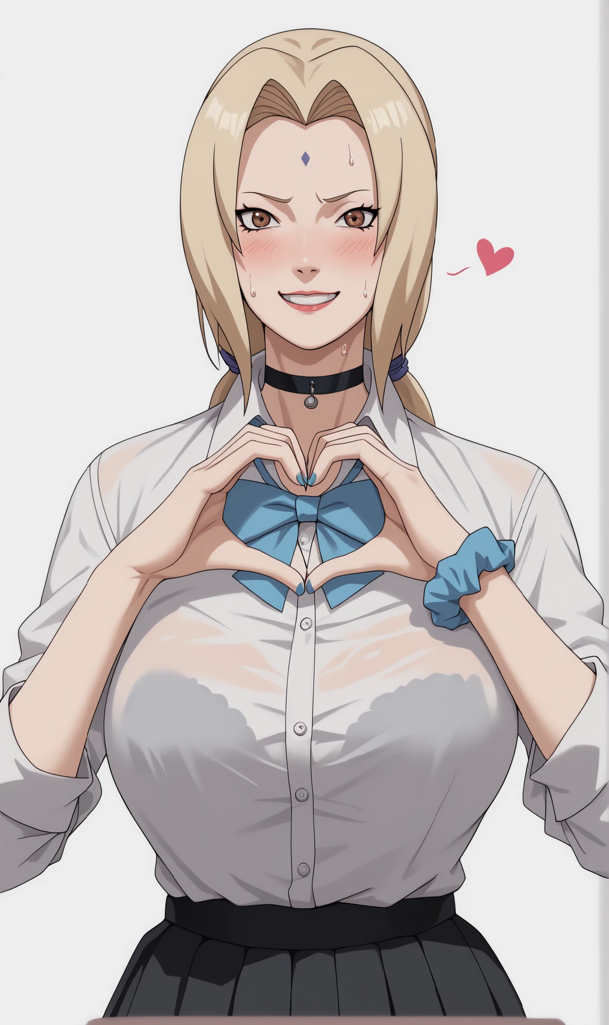 1girl, solo, Tsunade_Senju's/Boruto, She's a tall and Busty woman who has Waist-length hair, Blonde hair, Tied-Down Hairstyle, Brown Eyes, wearing Glassess, Embarrassed, Shy, smirk, Bedroom eyes, Hot, Sweating, breasts, looking at viewer, blush, smile, bangs, blue eyes, skirt, large breasts : 1.6, simple background, shirt, long sleeves, white background, bow, ribbon, Hyper cleavage, Round Veiny Breasts, Wet hair, Open-up school uniform, white shirt, heart, pleated skirt, teeth, choker, collared shirt, bowtie, black skirt, nail polish, grin, dress shirt, black choker, blue bow, scrunchie, blue nails, blue bowtie, shirt tucked in, heart hands, wrist scrunchie, best quality,masterpiece,amazing quality,very aesthetic,high resolution,ultra-detailed,,depth of field,volumetric lighting ,highly detailed,best quality,8k,best quality, very aesthetic, ultra-detailed, newest,BREAK, depth of field, masterpiece, amazing quality, high resolution, absurdres, newest,noona,manhwa,DBL,Baddie, nude_thighhighs, black_background, simple_background, mature_female