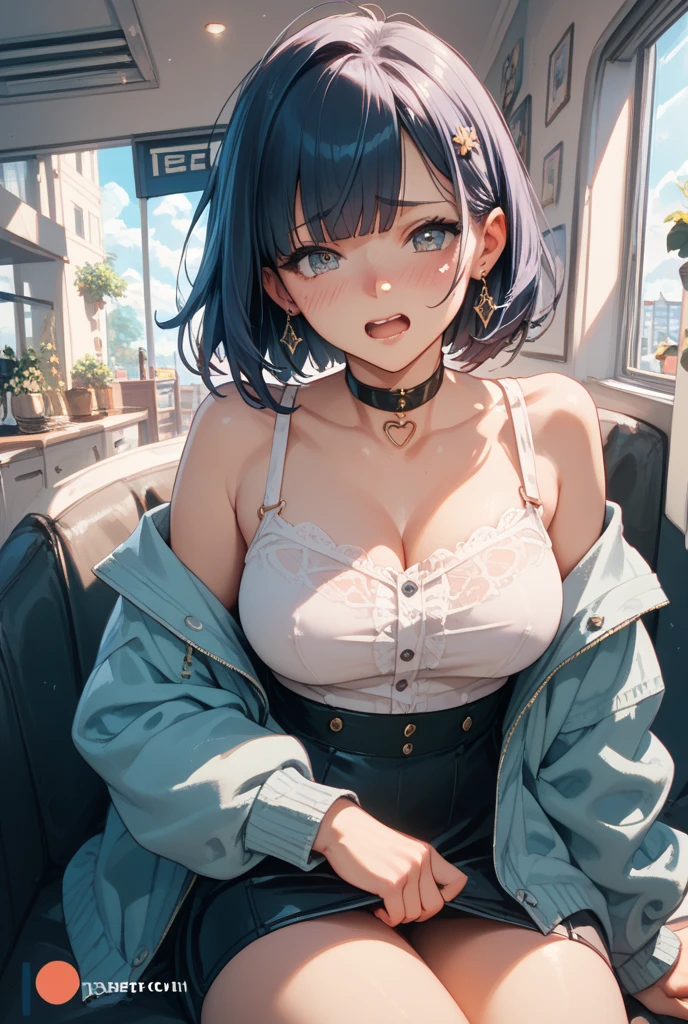 (from below:1.2),(from side:0.9), ((cute Face)), (Close-Up:0.6), ((looking at viewer, holding a icecream)),(Italian milk magazine cover:1.4), highest quality、(real、photorealistic:1.5),(ultra high resolution, ubel,dark green hair,long hair,side ponytail,hair between eyes,bangs, (beret, black jacket, open clothes, cleavage, midriff, black shorts, black thighhighs, thigh strap, fingerless gloves, single glove:1.2), (double breasted,under bust:1.2), sitting at a table, cute, anime visual of a cute girl, cute anime girl, eating cakes, young anime girl, guweiz, high quality anime artstyle, anime girl, artwork in the style of guweiz, beautiful anime girl, pretty anime girl, (anime girl), official artwork,(with sparkling eyes and a contagious smile),her thin pubic hair, looking at viewer, pose muy sexy"