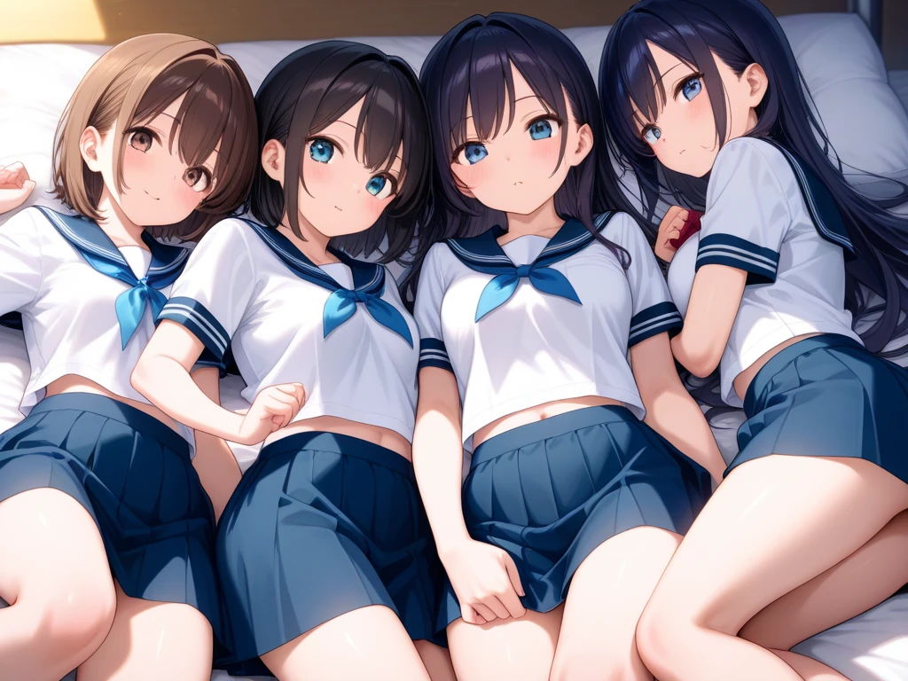 ((Highest quality)), ((masterpiece)), (detailed),Perfect Face,Strong light from the front,With front light,Two naked middle school sisters in a school clubroom open their clothes, take off their skirts and panties, and spread their legs wide open to show the camera a close-up of their naked crotches.,