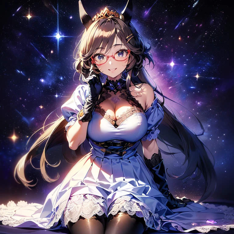 highest quality,wonderful,masterpiece,delicate,ultra high resolution,Super detailed,intricate details,beautiful,8K resolution,(Highly detailed CG Unity 8K wallpaper),sharp focus、anime、fiction、one woman、vivid hair、Shaggy hair、messy hair、vivid skin、Glossy skin、、lolita、short、young、kawaii、beautiful eyes、smile、okayufancy, cleavage cutout, white shirt, suspenders, black shorts, beret, cat tail, striped tail, streaked hair、Large rice ball pattern on clothes、Purple Magic Circle、Sparkling、star、Purple magic circle in the background、raise both hands