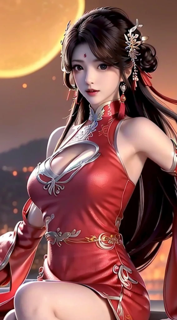 (beidou style) (adult) adult face and body, 1 woman,, bare abdomen, boob window widowmaker costumes, armor Big breasts blue Long hair Looking for another Looking at viewer Night sky outdoors, cut bright lips, olhos vermelhos sentados no sky estrelado (sky), Coxas Cabelos longos, brown hair, bonita ultra-detalhado,