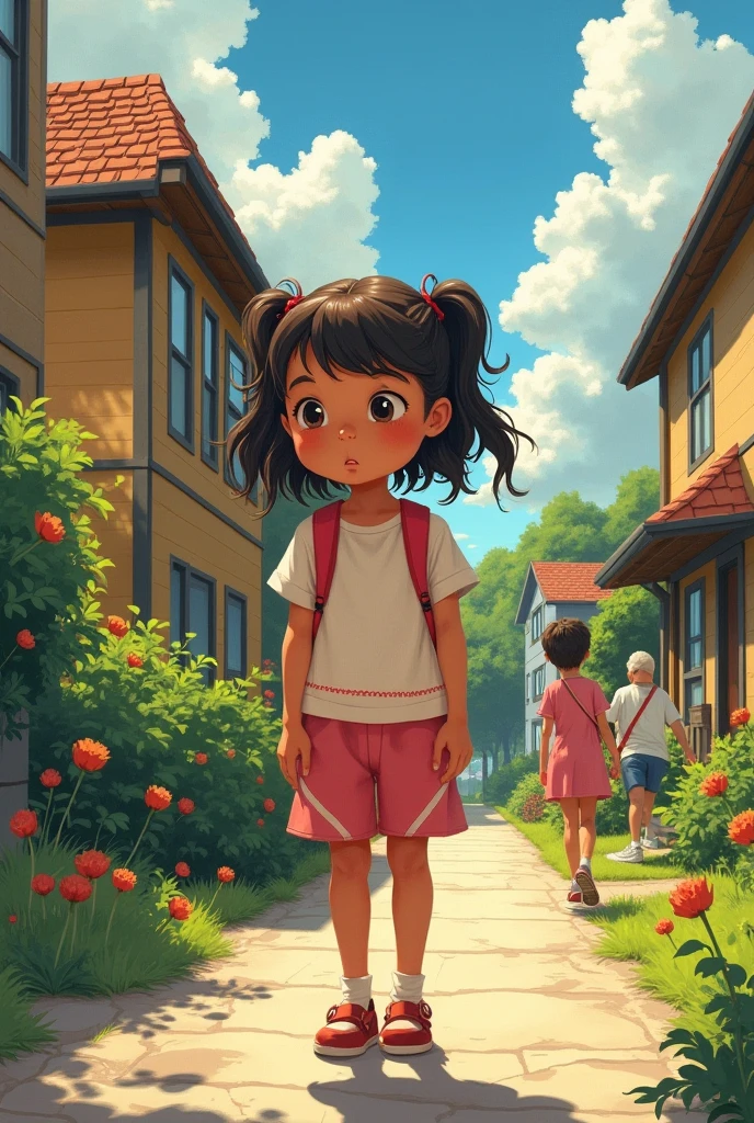 Girl walking going to school sad face
(cartoon) (ONE bun hair) 1D only no shadow