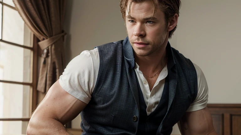 chris hemsworth wearing an unbuttoned shirt, rubbing his nipples