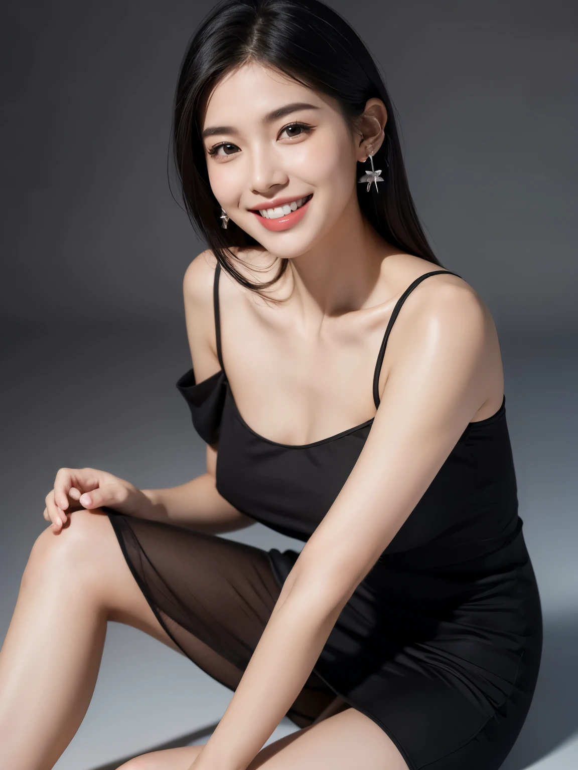 highest quality, masterpiece, Ultra-high resolution,8k, (Realistic:1.6), (Seated portrait) RAW Photos, 1 girl,((Night after work)),(Full of smiles, Showing teeth)), 22 years old,((Formal suit)),((turquoise short hair)),((Looking up at the audience)),Face Focus:1.4,((Simple solid color background)), Image Media Chest)),((Smiling with teeth showing)),