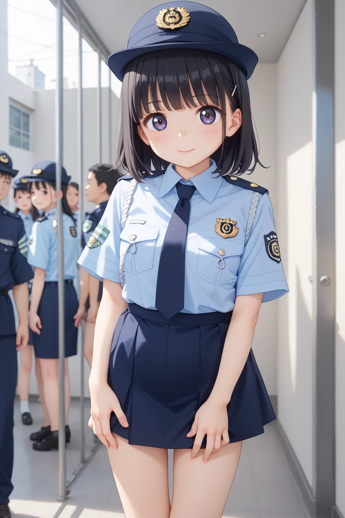 beautiful illustrations、highest quality、ultra high resolution、Professional specifications、(((Only one elementary school student))、light blue school sailor uniform、very short skirt、((Police Officer Cap))、short sleeve、&#39;face、(on all fours: 1.3)、Crouch start、Adult male on top