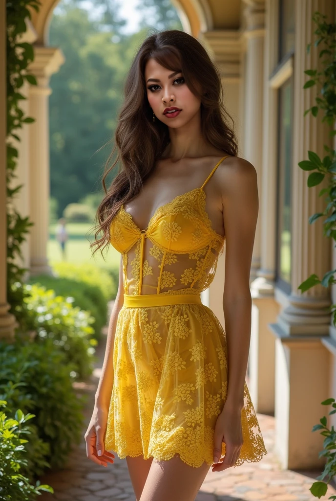 Brunette influencer, Cosplay as Belle in her matron outfit, pulling up her dress dress revealing cute cotton panties, cute smile