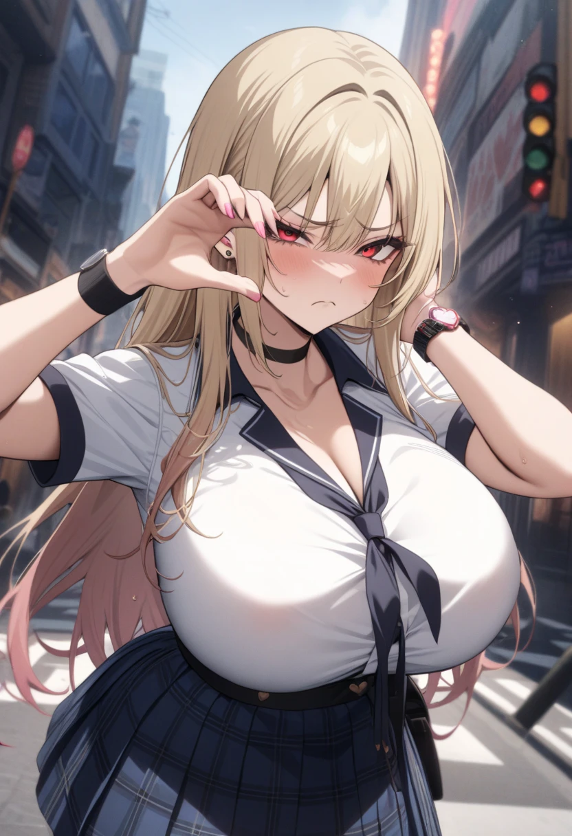 best quality, masterpiece, 1girl, shy, power_csm, blonde hair, yellow eyes, cross-shaped pupils, symbol-shaped pupils, red horns, sharp teeth, white buttoned shirt, blue jacket, black necktie, black pants, sneaker shoes, standing in front of a brick wall, end of the day, from front, looking at the viewer, naked