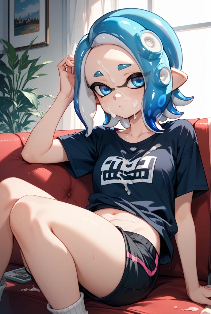 from below, spread your legs, masterpiece, highest quality, Splatoon Girl, 1 boy, penis, alone, blush, Sweat on the chest, bangle, bangle earrings, goodcelet, luxury motel bedroom, bed, tight mini skirt, good, very detailed, She is very sensual., girl on top, Cowgirl, Sex while holding hands、big and cute eyes、beautiful eyes、