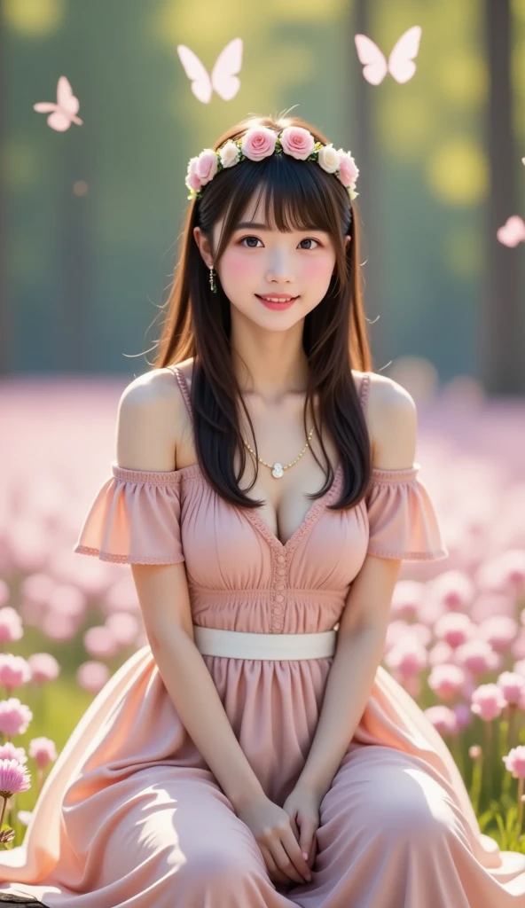 long skirt,in the flower field,Wear a dress,rotate,1 female, On the face, laughing out loud, light brown hair, blunt bangs, hair behind ears, Shoulder-length hair, long hair, Slender body type, 超face slimming型, face slimming, delicate lips, beautiful eyes, Thin blush, Eyes are light brown,View here, (actual:1.3), One person's perspective, 8k, Super detailed, high quality, best quality, High resolution, ,Large Breasts,H cup, 21 years old,Cold Shoulder Top,Lace top,gauze skirt