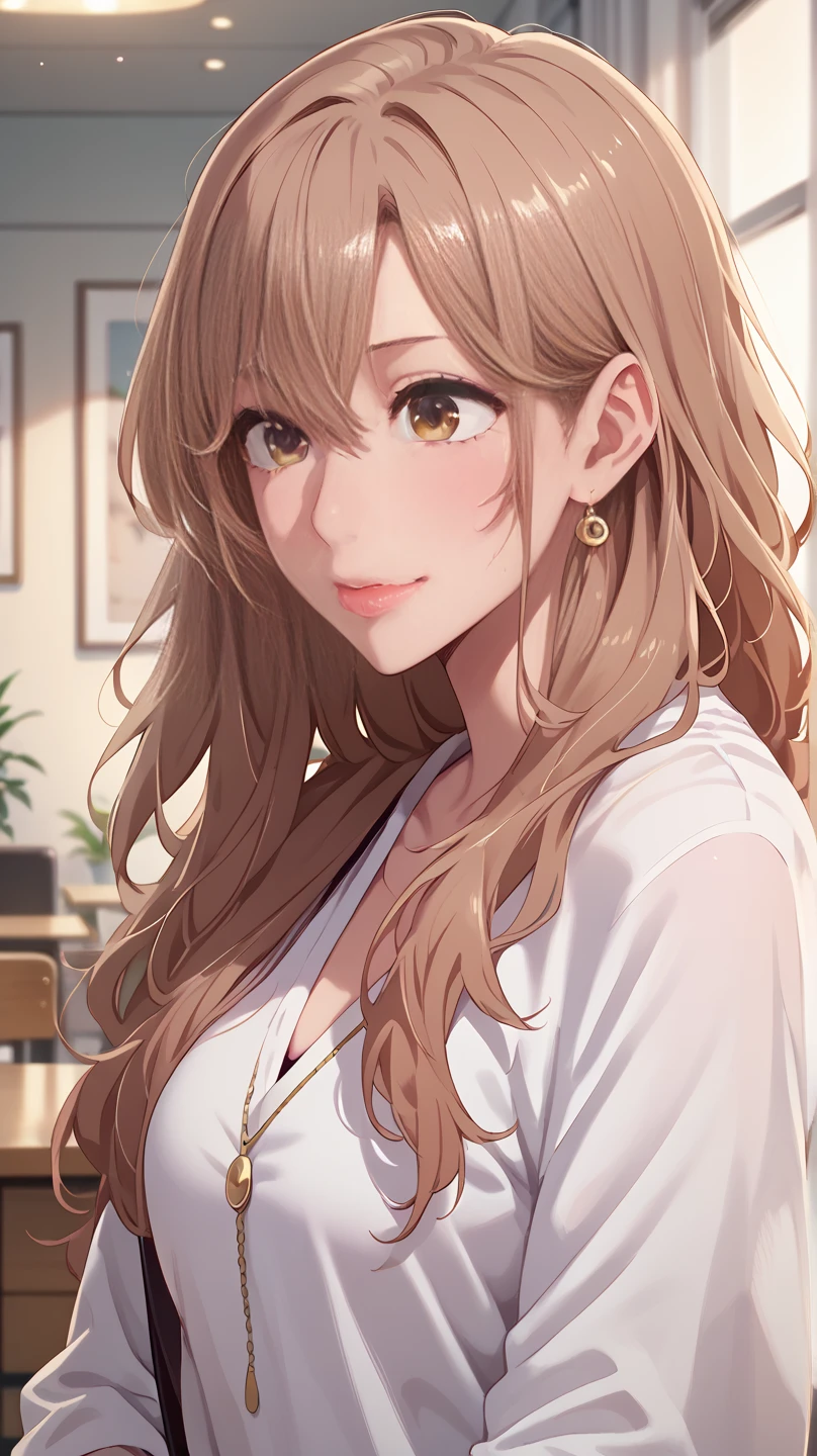 (best quality, highres), portrait, older sister type adult woman, refined, long hair, swept-side bangs, [[[brown hair]]], blonde hair, brown eyes, terrace scene, casual clothes, cleavage, ultra-detailed, soft light