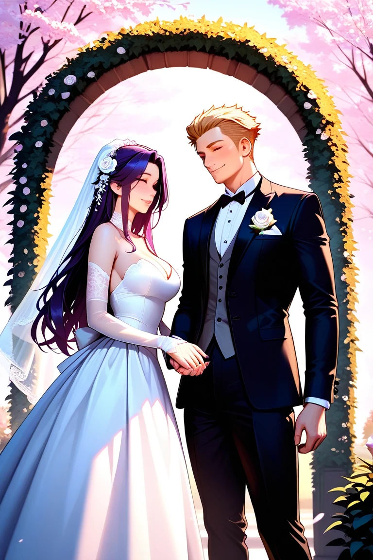 ngực to tròn eo nhỏ big butt bự .Colored hair: Platinum, long and maybe a little wavy. Eye: by that, cold and sharp look. body : Big round breasts , is tuna , big butt , Leggy .wedding dress and bouquet . body : standing straight next to the groom , wear a pair of long black socks , Accessory ; wear a necklace ,bracelet, gold anklet