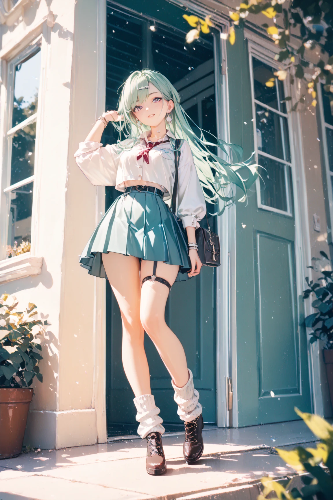 3DMM Style, (masutepiece, Best Quality), Intricate details, 1girl in, Solo, Green hair, flower hair clip, ｛Suspicious expression｝、Green dress、a short skirt、Angle from below、 Looking at Viewer,｛{{skirt lift by yourself}}｝、{{{white  panties}}｝、pretty Panties、{{Panties exposed}}、{{ｵﾏﾝｺThe shape of the shape is clear}}、{{palpableｵﾏﾝｺ}}、{{{Panties are sheer}}}
