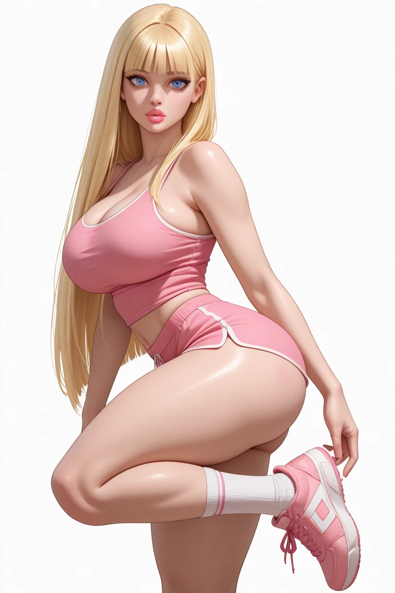 Samus Aran, blue eyes, stunning proportions, skin-fit bikini, white background, long hair, pnytail, extremely detailed, shiny, full body shot, cleavage, kneeling, spread legs, pink lipstick, on back, sleeveless, thighhighs, in love with the viewer