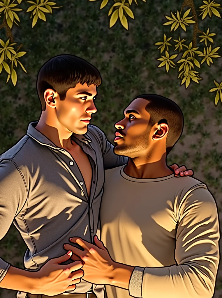 a skinny black boy and a muscular man cuddling in bed while wearing only white underwear manga line art