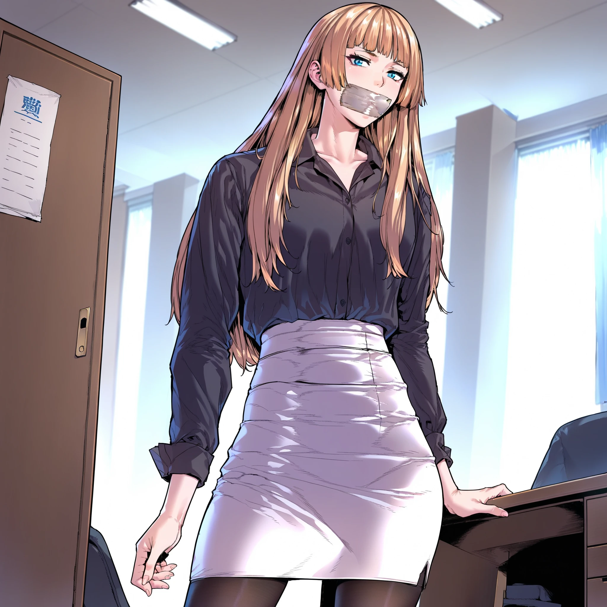 Best image quality、High resolution、masterpiece、super high quality、Adult women、One Man、Giving a blowjob to a guy、White blouse、The blouse is transparent、A tight skirt、Very short tight skirt、office、Sit on a chair with your legs spread、Gaming Chair、Gaming PC、Very big ass、Very large breasts 、4K quality、Blushing、Wearing black knee socks、{Highest quality}, {so beautiful}, {Very detailed}, {Best illustrations}, Browsing Caution, girl,
