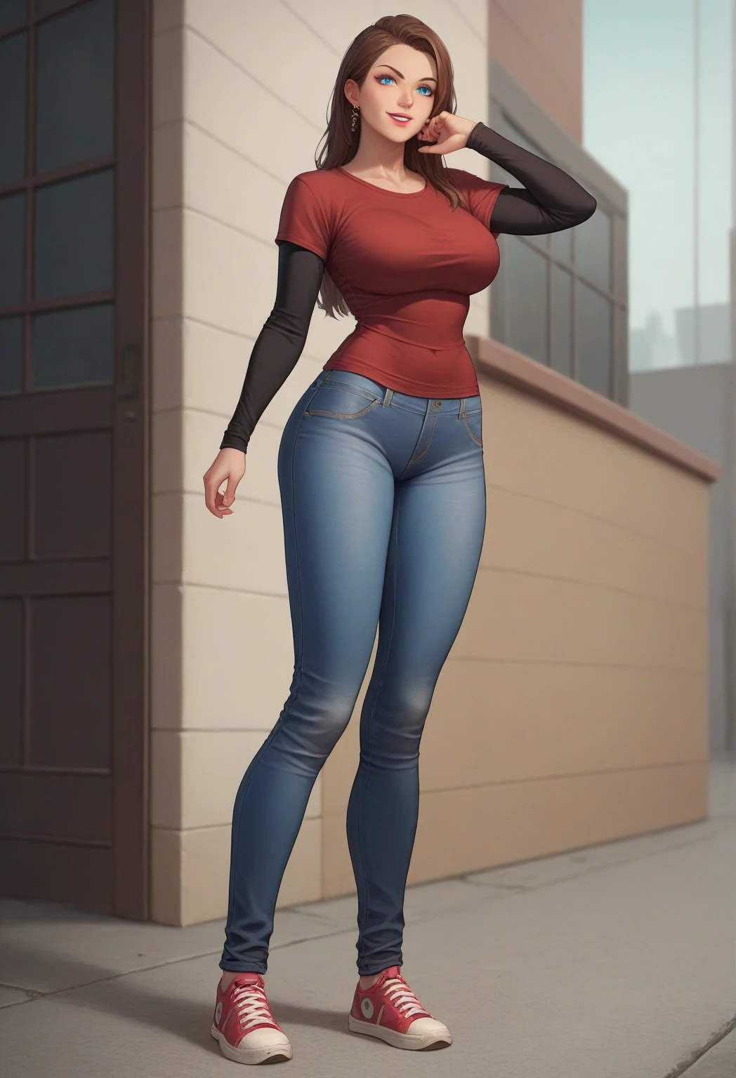 female, red short hair with yellow highlights, orange eyes, (((1girl))), (((black unbuttoned short sleeve shirt))), (orange long sleeve shirt), (blue denim jeans), (black flats), cute and sexy, large breasts, large butt, full body, long legs, smiling
