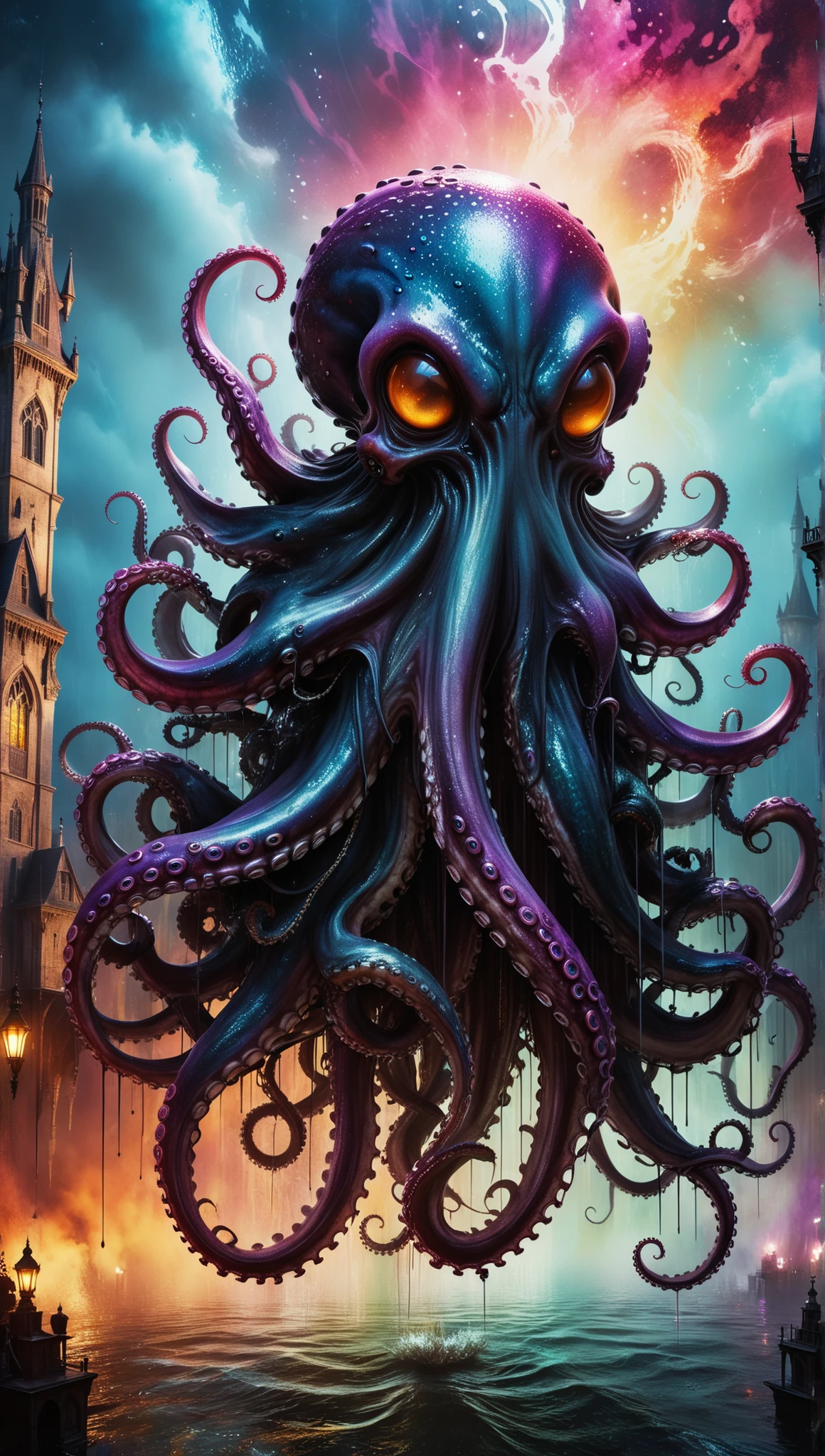 ultra wide angle, photorealistic medieval gothic recording of an exciting fusion between spawn and an octopus, leading to a new character, embodying elements of both, Menschen, sehen. black flow ink — photorealistic masterpiece in 8k resolution — by Aaron Horkey and Jeremy Mann — detailed. Liquid gouache painting: von Jean Baptiste Mongue : Calligraphy: Acryl: colorful watercolor, kinematic lighting, maximalist photoillustration: By Marton Bobzert: 8k resolution concept art, detail-loving realism, Komplex, elegant, expansiv, fantastic and psychedelic, Dripping color , in the abyss of the Empire estate, Nacht, Blutmond, buildings, Reflexionen