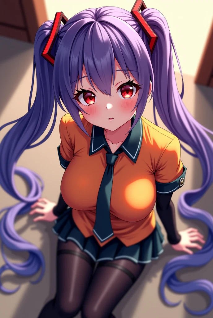 1girll,((There is a five-pointed star in the eye))Gorgeous Hair in Long Purple,Smile,Open mouth,Inches,Unfasten the buttons,nedium breasts,Blushlush,Cat ears,Classroom,classroom desk,all fours,white stockings,((Be red in the face))Tongue stock