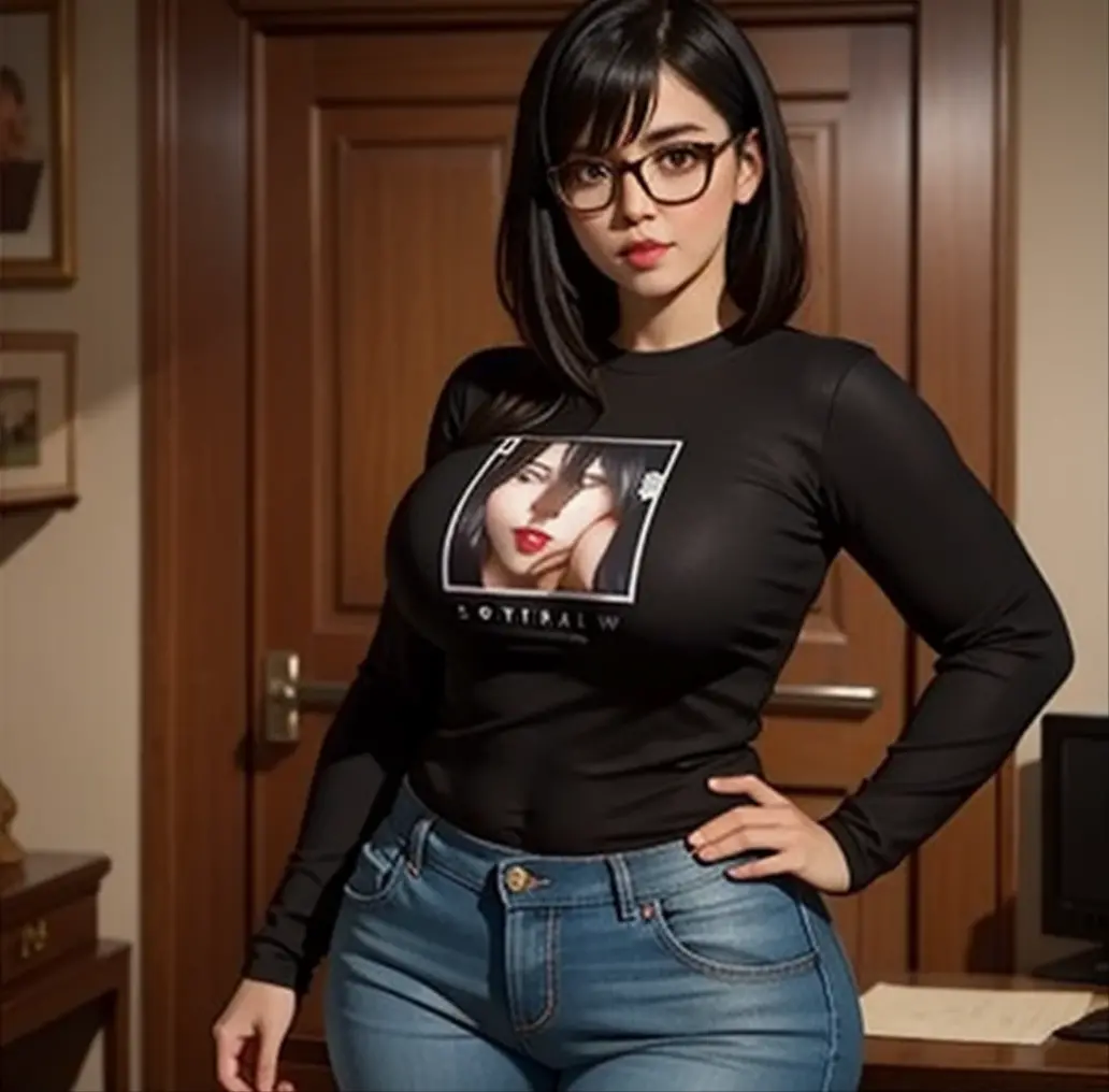 (masterpiece, perfect quality:1.2), beautiful detailed. cute face, short, , medium black hair, black hair over one eye, glasses, long sleeve shirt, black jeans, pear shape wide hips, thick thighs, solo,