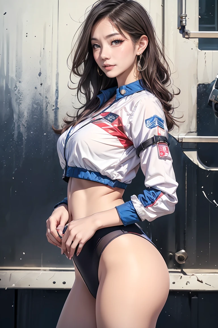 (Gundam suit)、Beautiful woman wearing lingerie、(sit in the commander's seat)、(with spreading legs、glamorous and tall、bootrown Wavy Hair、(Dark makeup)、(spacesbedroom)、(Front view)