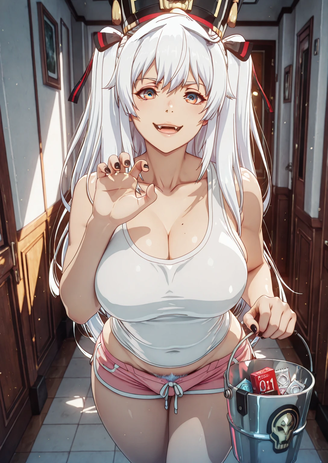 ggstduel, (aiue oka-style:1.2), anime coloring, ((Cinematic, unreal engine, eye-catching, ambient occlusion, UHD, masterpiece)), ((perfect lighting, dappled sunlight)), comic, score_9, score_8_up, score_7_up, score_6_up, score_5_up, score_4_up, uncensored, detailed background, vignetting, masterpiece, Cinematic, high quality, absurdres, best quality, very aesthetic, newest, digital art, trending on ArtStation, ((anatomical correct)), perfect body, perfect eyes, perfect fingers, gasping, heavy breathing, gasping profusely, cinematic, ((skindentation)), ((curvy)), white hair, absurdly long hair, shako cap, sidelocks, two side up, hair ribbon, multicolored eyes, square pupils, plump, (excessive pubic hair peek:1.2), hearts, pleasured, 1girl, breasts, mature female, solo, White shirt, sleeveless, standing, claw pose, holding bucket, looking at viewer, fangs, smirk, collarbone, condom, condom box, thighs, curvy, hallway, dim light, black nails, dolphin shorts, short shorts,pink shorts,