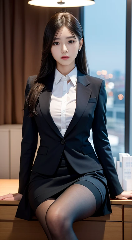 ((8 thousand,masterpiece,best quality)),ultra high resolution,best shadow,illustration,high detail,very detailed, ((office,at office)) ,girl in suit, public, 1 girl, medium chest，girl, high heel, thick stockings, leg, portrait, alone, View viewer, girl is standing, ((long leg)),