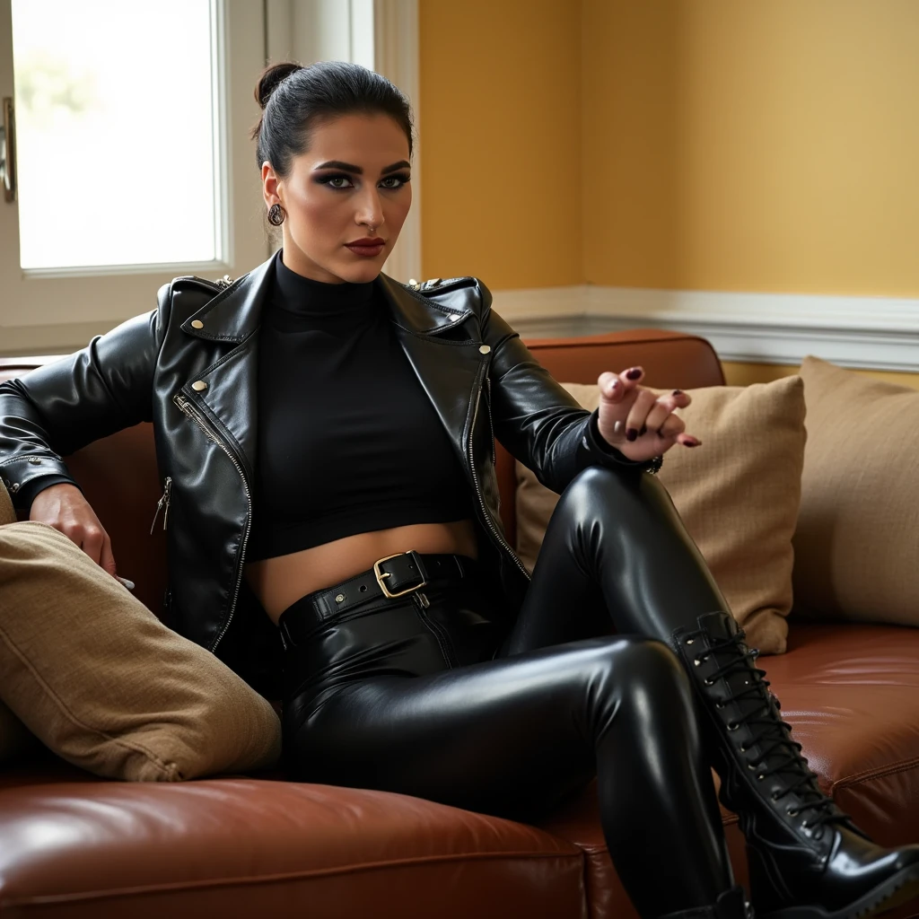 Wearing black leather gloves in both hands Upper body Black leather riders jacket Black leather skinny pants Black leather long boots Necklace on the chest , eyes closed, with a friend inside the dressing room of a high fashion store, on her knees, she is making love from behind, anal sex, she is making a blow job to a black man, long curly black hair Young Bettie Page (black leather gloves cover both hands) With the fingers of black leather gloves, ,photo captured in stunning Ultra HD, 8k resolution, Nikon D850, — style raw — c 10 — ar 2:3 — s 250V