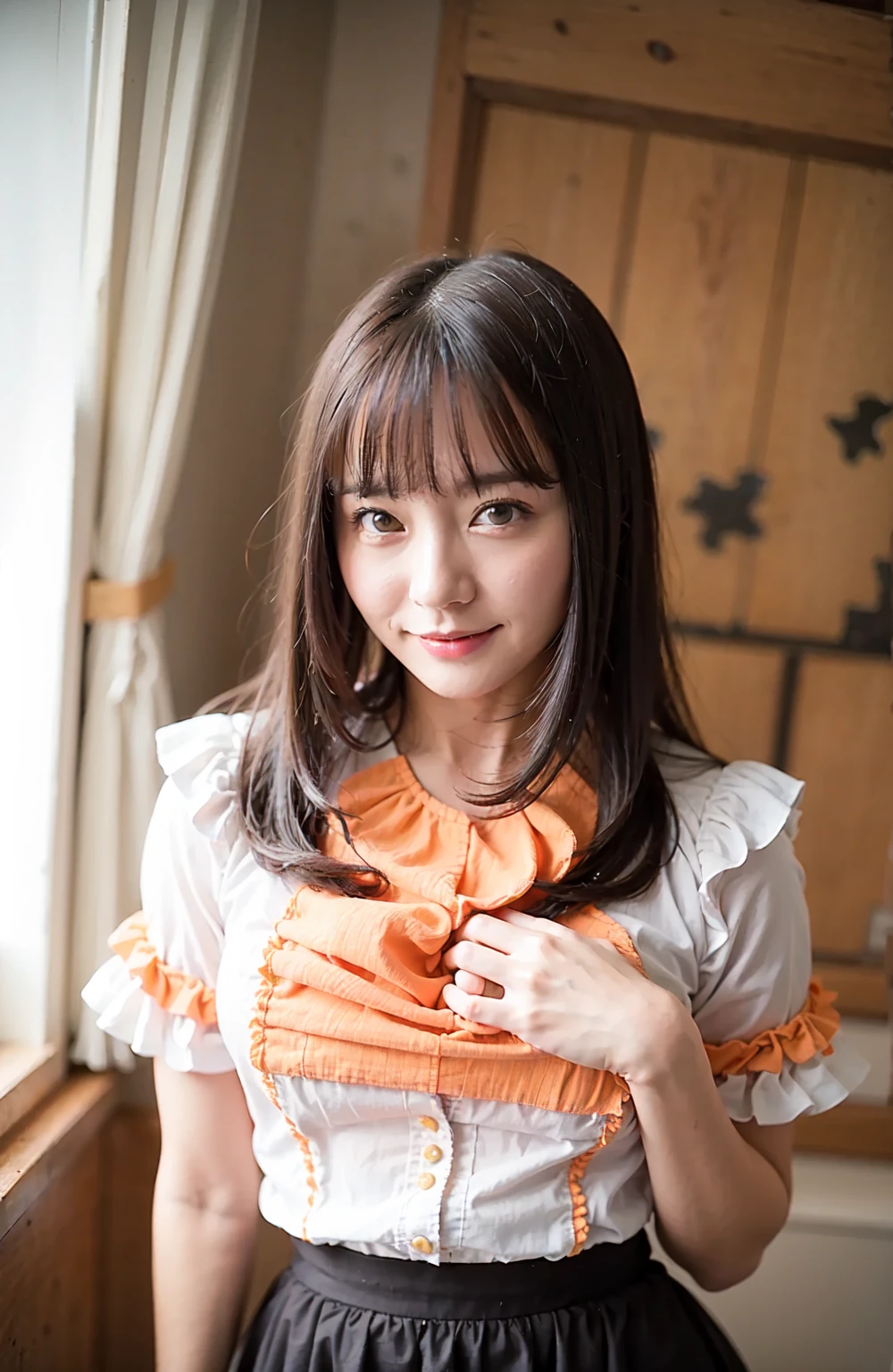 ベージュのストライプのシャツとリボンを着た, Face that faithfully reproduces the face of LoRA, High resolution, Very detailed, Natural Bangs, highest quality
