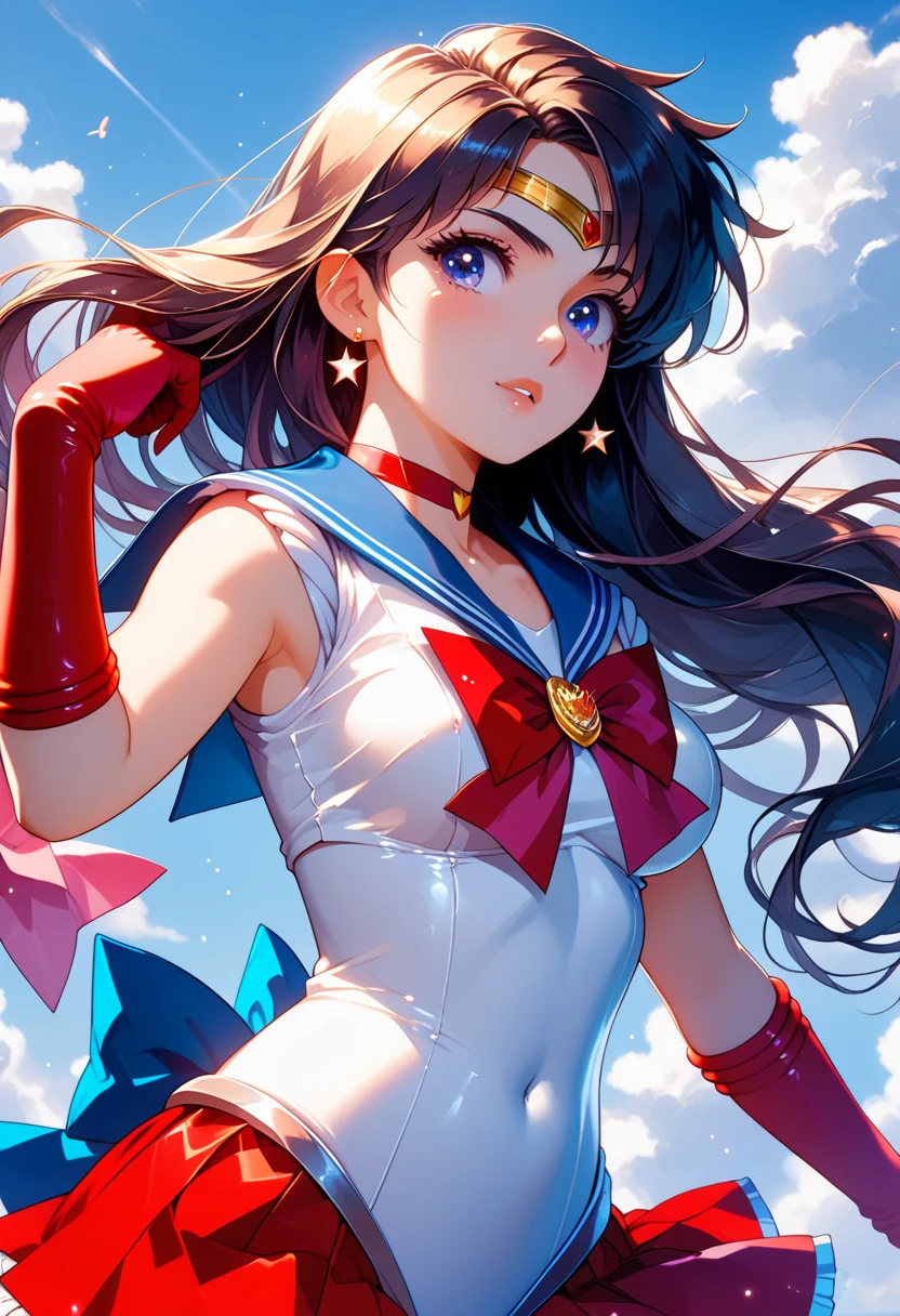 risekujikawa ,Sailor Moon, (white_panties:1.2), brown hair, double bun, twintails, parted bangs, circlet, jewelry, earrings, choker, red bow, white gloves, elbow gloves, blue skirt, blush, full moon, smile, wink, striking a peace sing pose