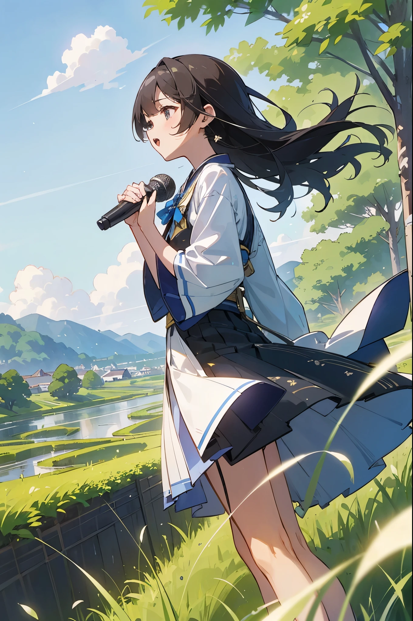 Highest quality、(A beautiful idol singer is singing in the city with a microphone.), A city spun with musical notes. Japanese countryside scenery、Streamside path、Small Creek、Dirt roads、Weeds growing on the side of the road、blue sky、Floating white clouds、Early summer sky、