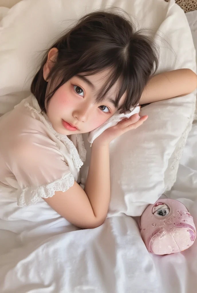 8K,Japanese,,innocent face,teenage girte,summer clothes,everyday wear,Are sleeping,black hair,bed,hair clip,stuffed toy